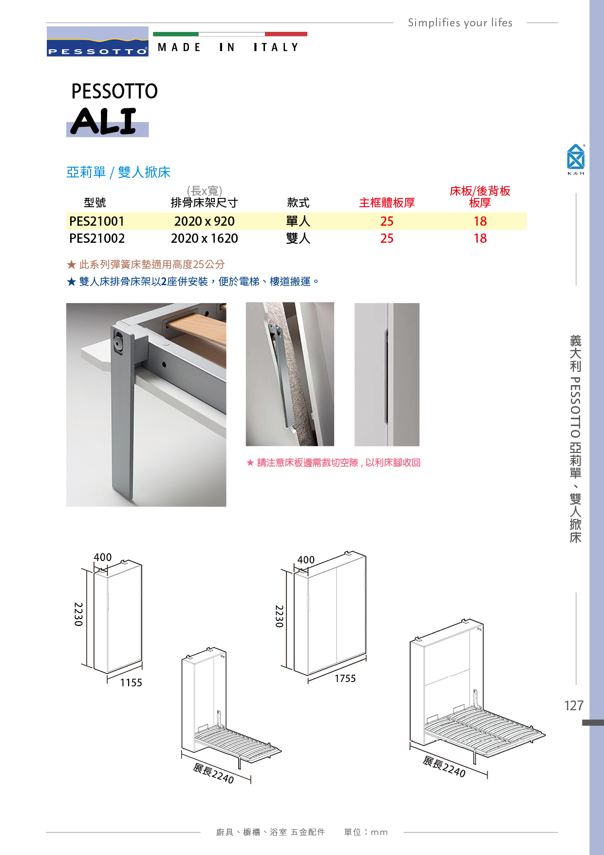 P121-131 義大利PESSOTTO 櫥櫃掀床五金