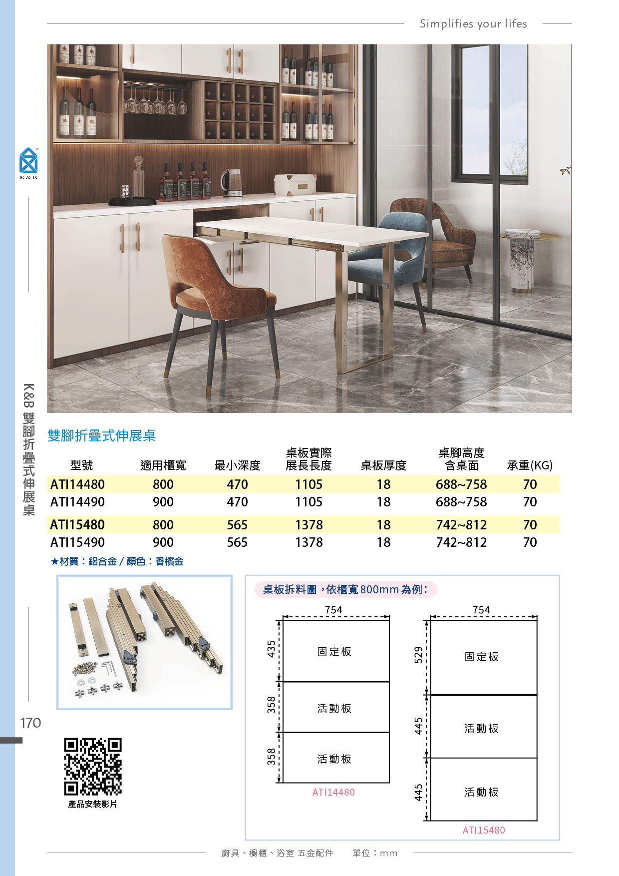 P168-179 K&B 廚具櫥櫃伸展桌五金