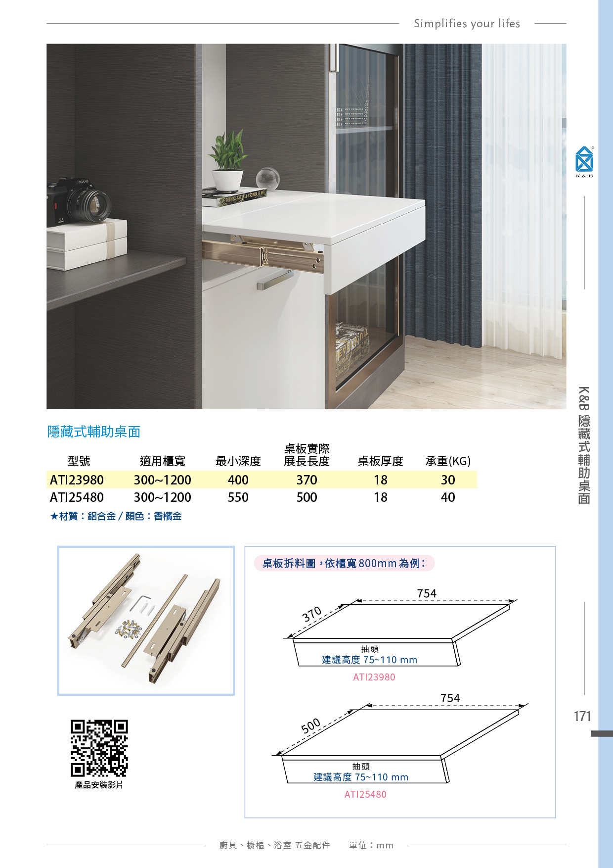 P168-179 K&B 廚具櫥櫃伸展桌五金