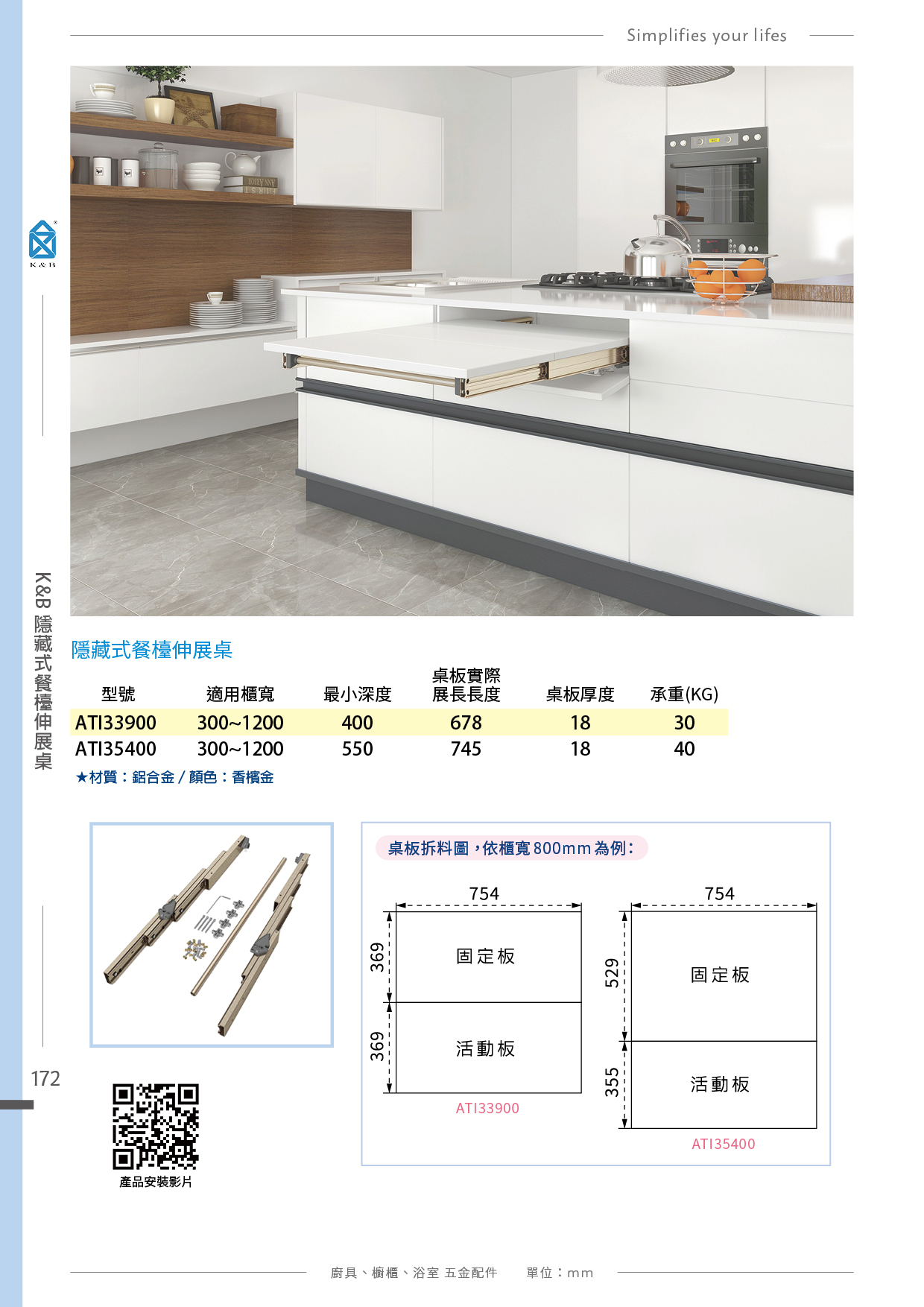 P168-179 K&B 廚具櫥櫃伸展桌五金