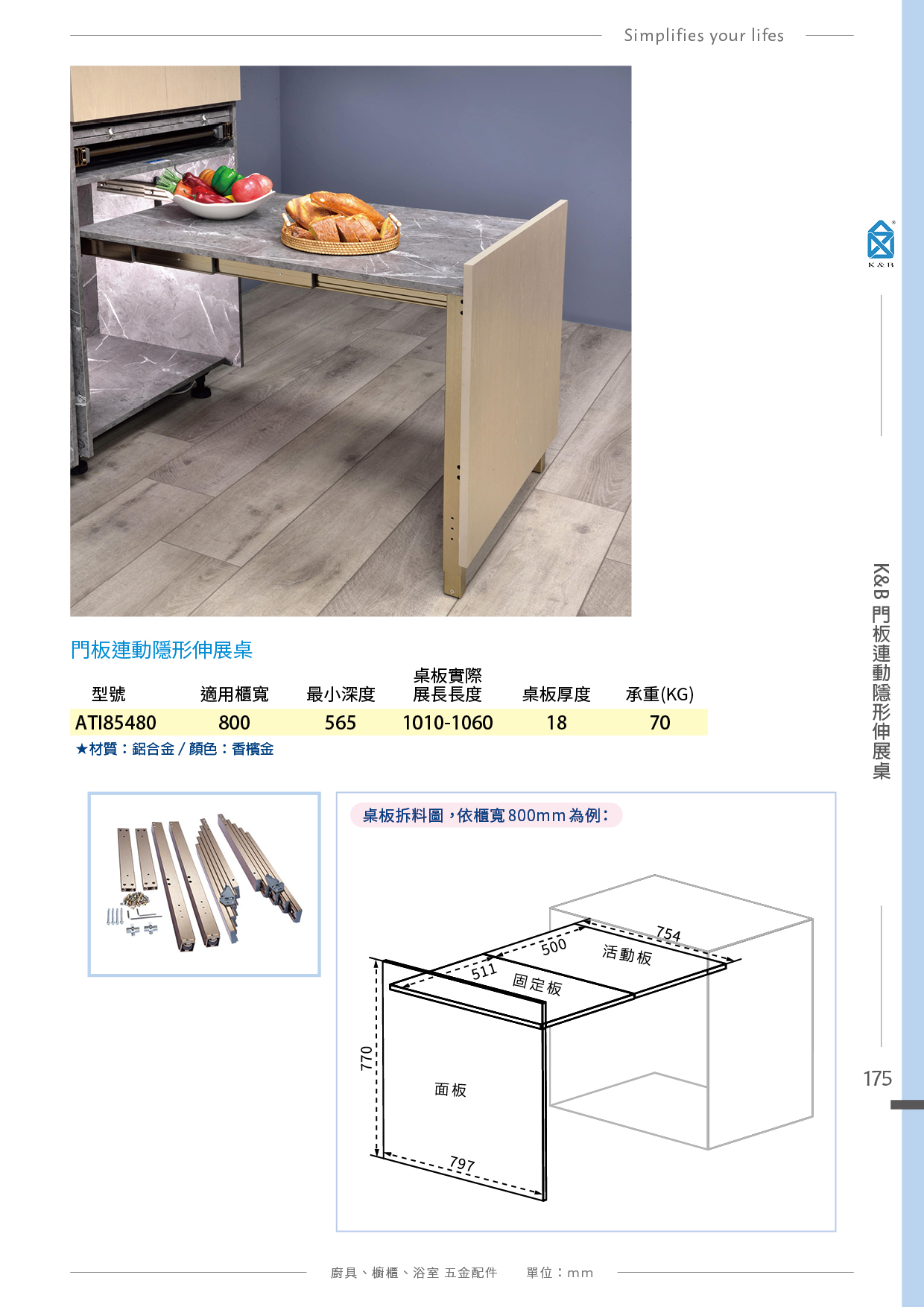 P168-179 K&B 廚具櫥櫃伸展桌五金